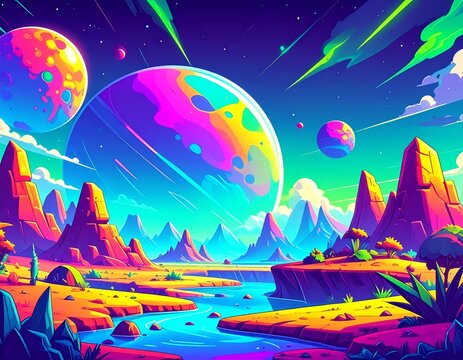 An alien planet outer space landscape cartoon science fiction futuristic fantasy vide  - Powered by Adobe