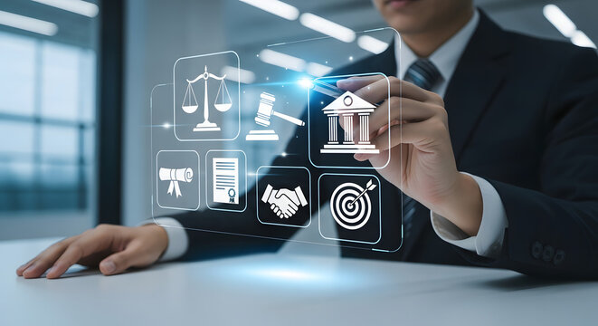Legal advice service concept lawyer working on laptop with law innovation virtual interface icons law firms provide advice and assistance to clients regarding legal matters