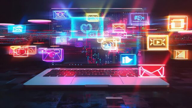 Exploring the impact of digital technology on communication with vibrant visuals of message icons and data streams in a futuristic setting