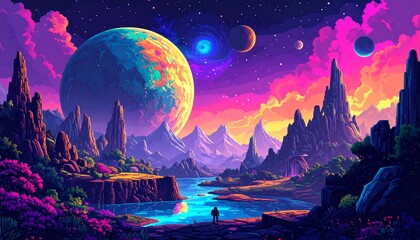 Fototapeta premium Pixel art game location. Cosmic area,someone planet surface. Seamless vector backgrou 