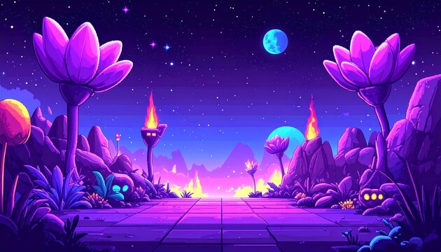 Pixel game interface layout design. Lilac pixelated alien street with flames. Gaming 