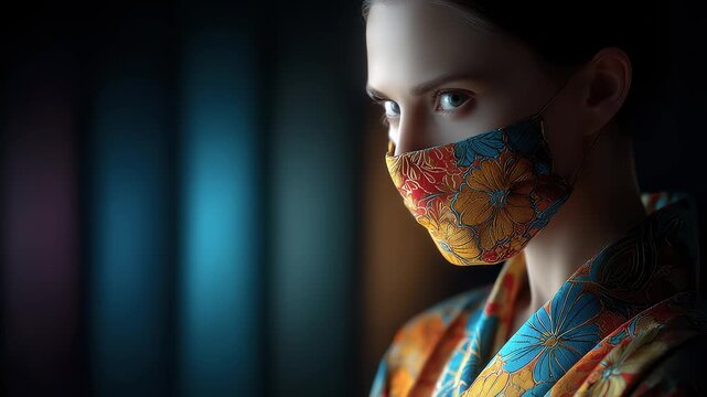 Close-up of a Woman in Kimono Wearing a Patterned Mask