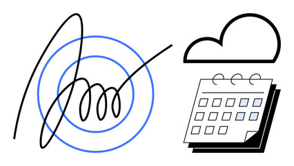 Abstract signature overlapping concentric circles beside a cloud and calendar. Ideal for scheduling, task management, e-signatures, cloud services, planning tools, goals, and time organization. Clean
