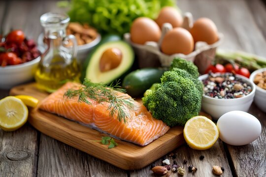 A selection of foods sits ready to prepare a healthy meal.