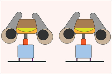 Two cute cartoon robots with big eyes, standing side by side, looking forward