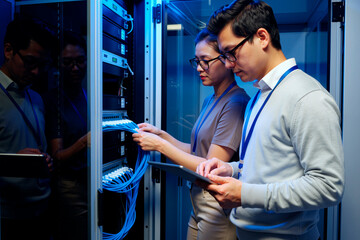 Young adult Caucasian man and young adult Asian woman working together in server room, man using digital tablet while woman connecting network cables to server rack, both wearing ID badges