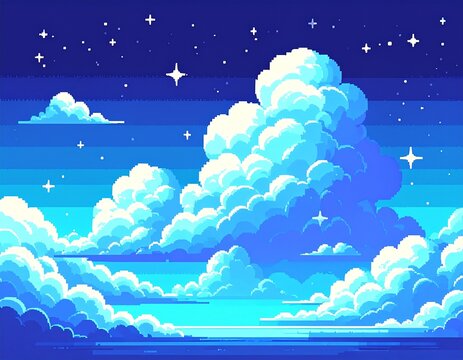 Retro pixel art cloudscape with stars and night sky for digital games and design