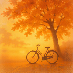 Fototapeta premium Vintage bicycle leaning against a tree with autumn leaves 