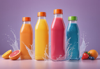 Four colorful bottles of refreshing fruit juices with splashes of liquid against a purple background
