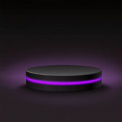Futuristic black podium with vibrant purple neon light strip for product display