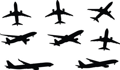 Airplane silhouette vector set showing commercial aircraft from different angles, perfect for aviation, travel, transport, and airport design illustrations.