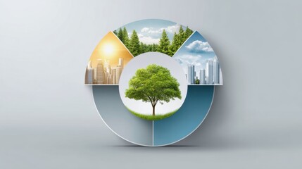 Circular Economy Business Model Concept. A modern graphic depicting a tree surrounded by urban and natural landscapes, symbolizing the balance between nature and city life.