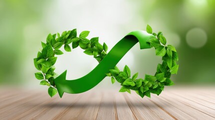 Circular Economy Business Model Concept. A green infinity symbol made of leaves, set against a natural background, representing sustainability and eco-friendliness.