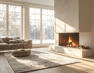 Cozy minimalist living room interior with warm fireplace and sunlight through frosted windows