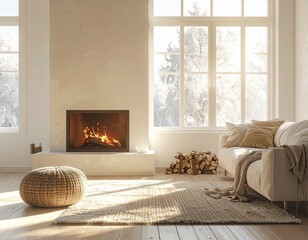 Cozy minimalist living room interior with warm fireplace and sunlight through frosted windows