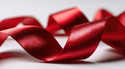 Red satin ribbon cascading across a white background with gentle folds and sparkling highlights, ideal for festive compositions