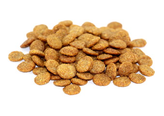 Premium or super premium dry cat food, round shape, isolated on a white background.