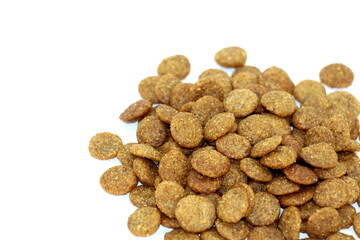 Premium or super premium dry cat food, round shape, isolated on a white background.