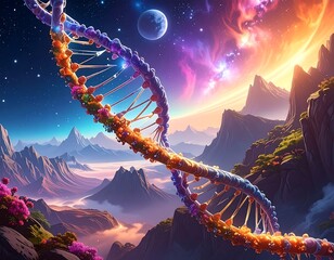 Abstract illustration of DNA helix over an otherworldly landscape