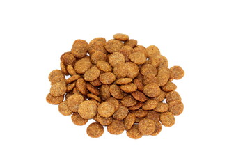 Premium or super premium dry cat food, round shape, isolated on a white background.