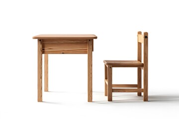 A wooden desk and chair are positioned for a kid to sit and learn at their table.