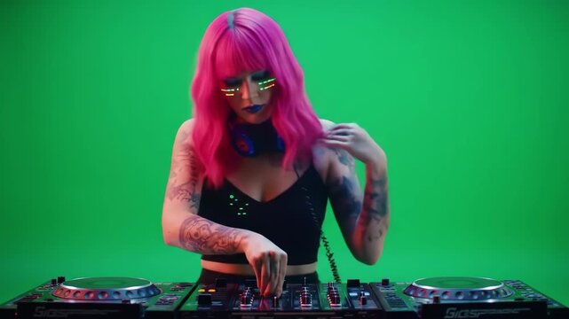 Woman with pink hair and tattoos plays music on dj equipment.