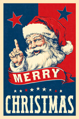 Vintage Santa Claus with a Merry Christmas banner and stars  