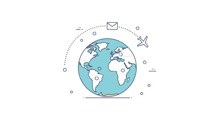 Flat line art illustration of worldwide airmail delivery and international travel, with a plane and envelope icon orbiting the Earth