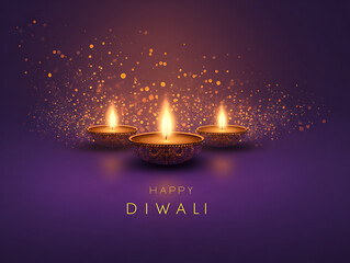 Decorative candles glowing for Diwali celebration on purple background  