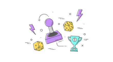 Retro gaming elements including a joystick, dice, trophy, and lightning bolts on a white background