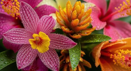 Vibrant tropical orchid and bromeliad flower arrangement isolated on white background