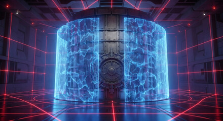 Futuristic energy core pulsating with blue light inside a high-tech chamber, secured by intricate red laser grids, embodying advanced scientific power and innovation
