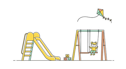 Playground Fun Illustration of a Slide, Swings, Blocks, and a Kite in a Park