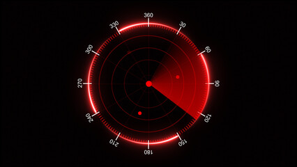 Moving navigation red radar screen displaying circular scan isolated on black background