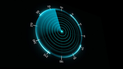 Moving navigation 3d radar screen displaying circular scan isolated on black background