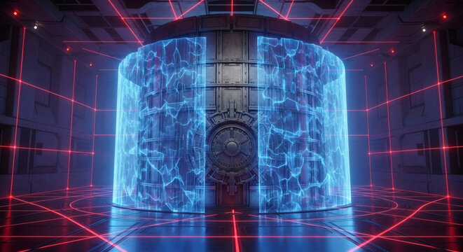 Futuristic energy core pulsating with blue light inside a high-tech chamber, secured by intricate red laser grids, embodying advanced scientific power and innovation