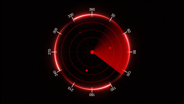 Moving navigation red radar screen displaying circular scan isolated on black background - Powered by Adobe