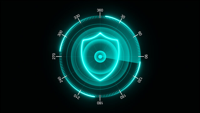 Moving navigation neon shield radar scan isolated on black background