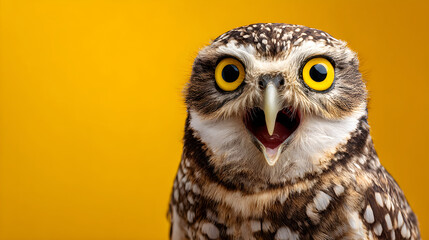 Owl expressing surprise with mouth open on yellow background
