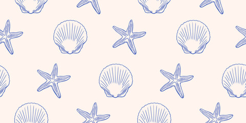 Seamless nautical pattern. Line art seashells, starfish on beige background. Simple coastal marine print design. Ocean themed fabric texture. 