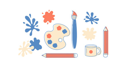 A charming hand-drawn collection of artist tools, including a paint palette, brush, pencils, and colorful splatters, symbolizing creativity and hobbies