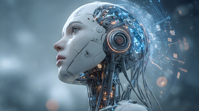 Female cyborg head accessing artificial intelligence data - Powered by Adobe
