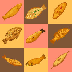 set illustration vector graphic of fried fish