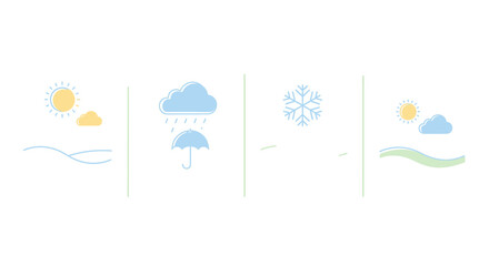 Versatile set of minimalist weather icons illustrating diverse atmospheric conditions sun, rain, snow, and mild clouds, ideal for digital forecasts and seasonal design projects