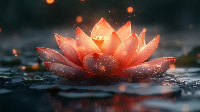 Glowing Lotus Flower Floating on Water with Sparkles.