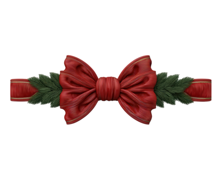 Festive red ribbon bow with green leaf decoration for joyful Christmas holiday. Elegant design element isolated on background for seasonal and celebratory decor