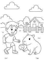 coloring book boy shows ball to capybara in yard