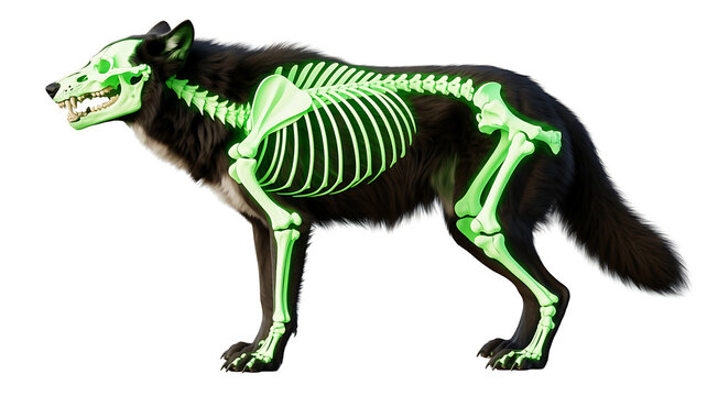 A wolf with glowing green skeletal structure visible beneath its dark fur, eerie and striking.