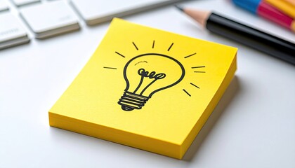 Yellow Sticky Note With A Hand Drawn Light Bulb Idea Symbol On A White Desk With A Pencil And Keyboard
