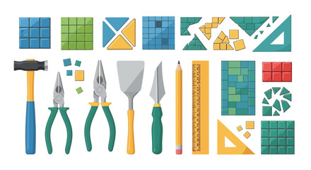 Various Tools and Geometric Mosaic Tiles for Home Improvement and Craft Projects